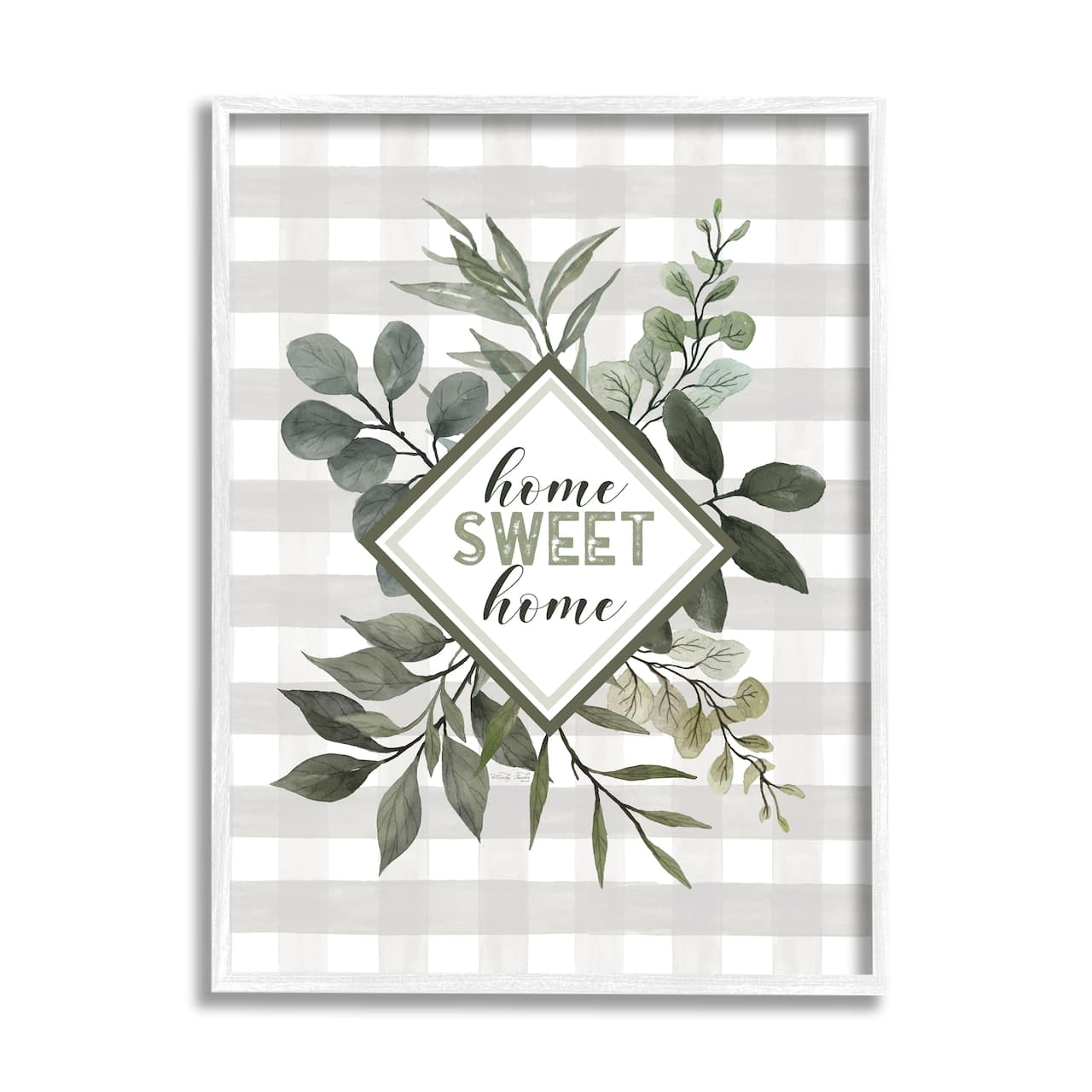 Stupell Industries Home Sweet Home Phrase Green Botanicals Plaid Pattern Framed Wall Art